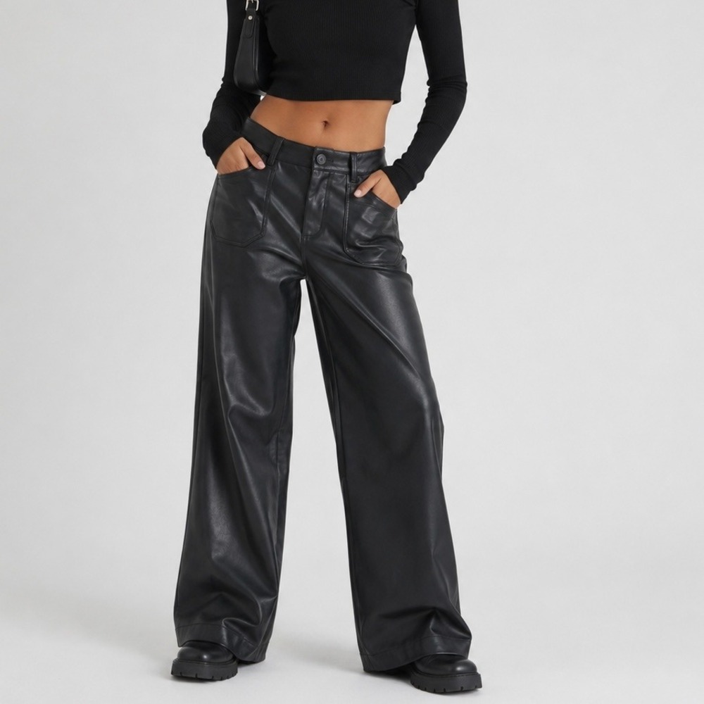 Shop The Mint Dark Green Faux Leather Wide Leg Pants 5 High Rise Matrix Gothic